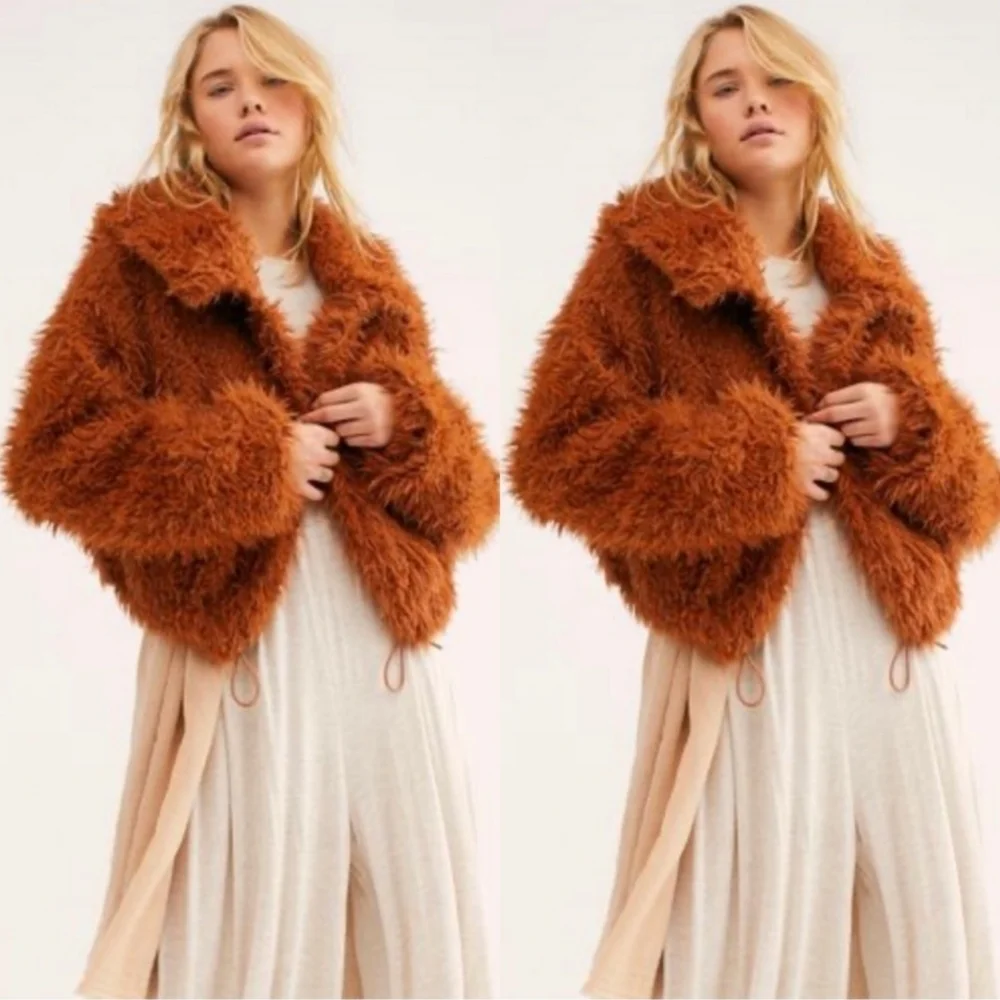 FREE PEOPLE One Zuri Parka Fuzzy Faux Fur Jacket Hooded Rust Coat - Picture 1 of 9